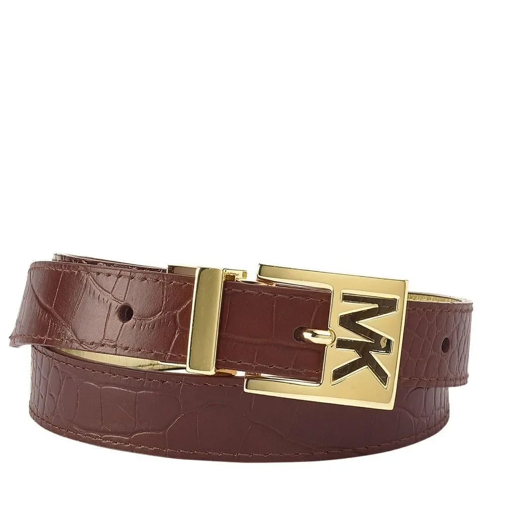 New! MICHAEL KORS MK Logo Women's Reversible Leather Belt Brown Gold Size Large